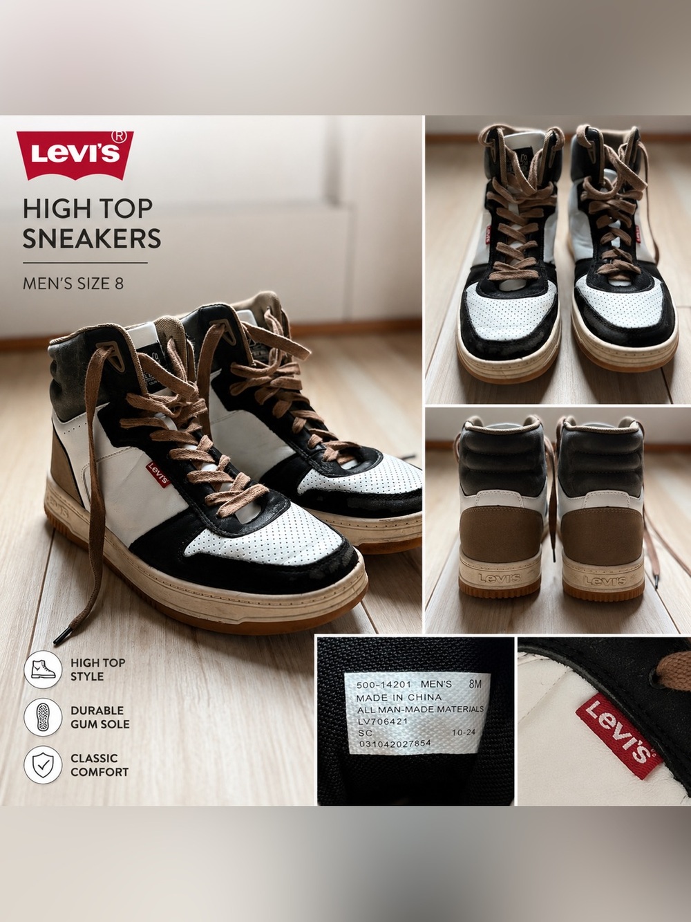 Levi’s Men’s High Top Sneakers Size 8 Black White Brown Lace Up Casual Shoes Gum